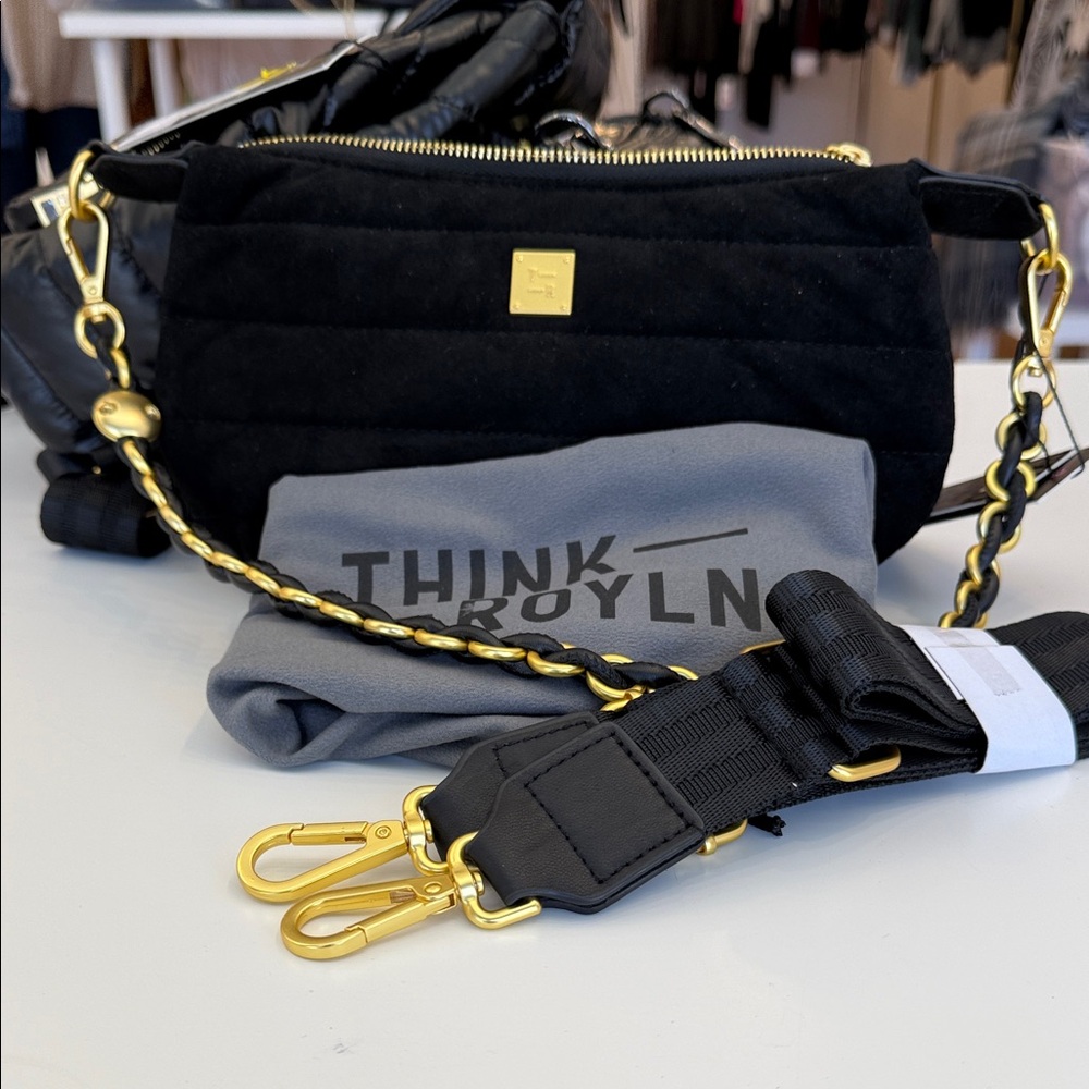 THINK ROYLN Black Quilted Crossbody Bag with Gold Chain Accents